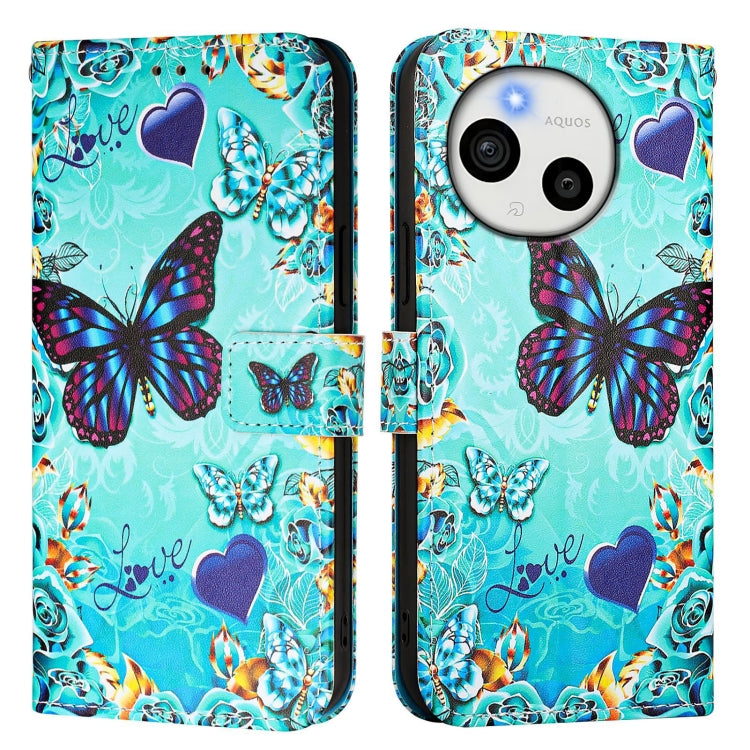 Funda de Cuero para Sharp Aquos Sense9 con Diseño de Mariposa de Amor y Tejido Liso