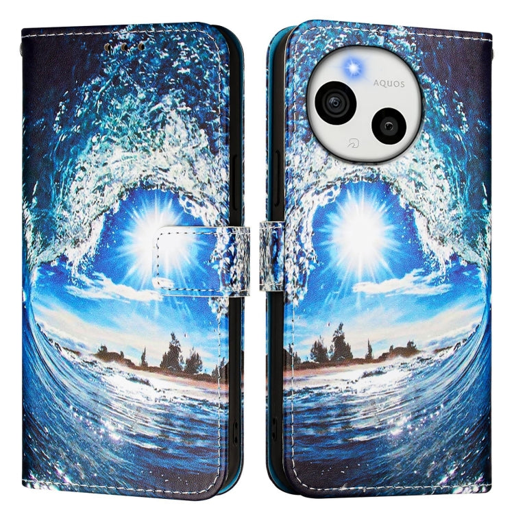 Funda de Cuero para Sharp Aquos Sense9 con Diseño de Dibujos Ondas y Sol