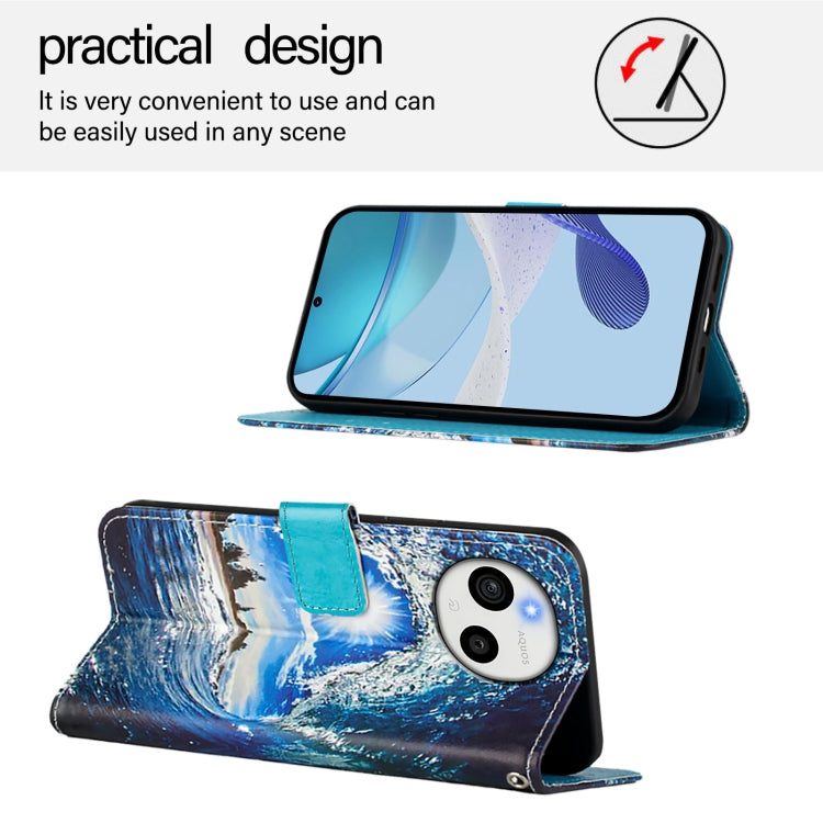 Funda de Cuero para Sharp Aquos Sense9 con Diseño de Dibujos Ondas y Sol