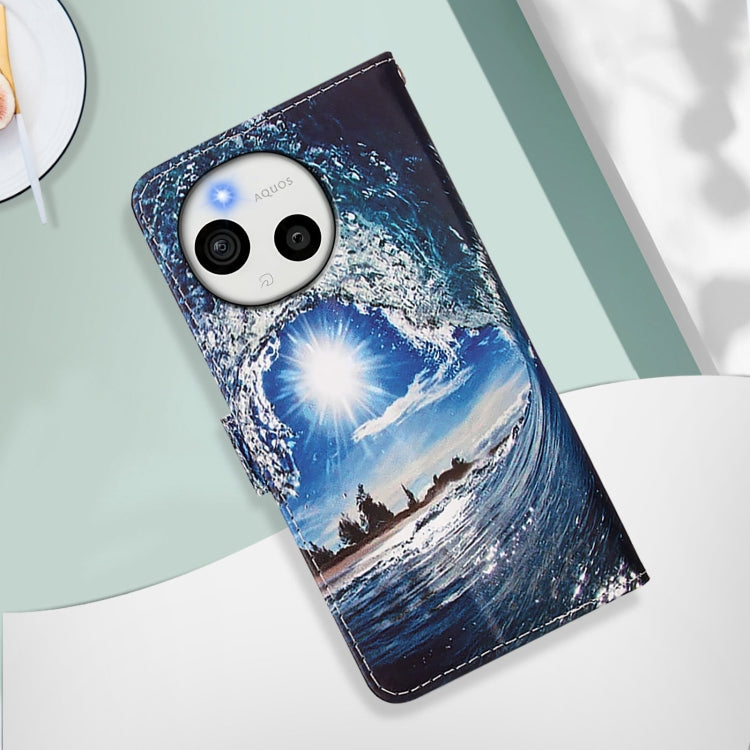 Funda de Cuero para Sharp Aquos Sense9 con Diseño de Dibujos Ondas y Sol