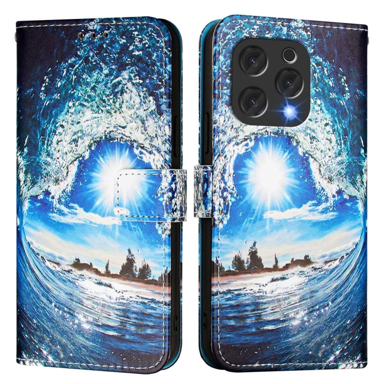 Funda de Cuero para Doogee N55 Plus con Diseño Ondas y Sol (Color Liso)