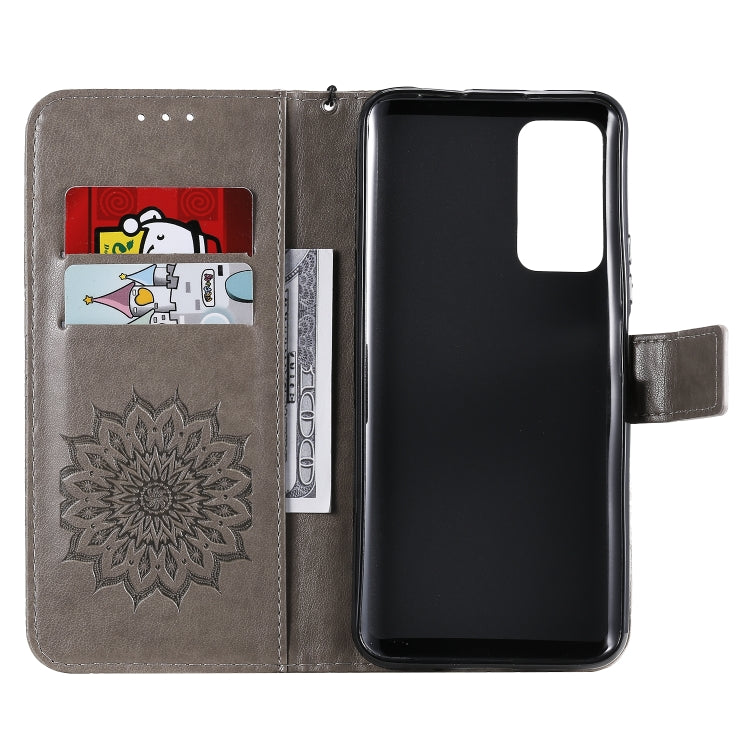 Para Huawei Honor X10 Impresión prensada Patrón de girasol Flip horizontal Funda de cuero PU Soporte y ranuras para tarjetas y billetera y cordón