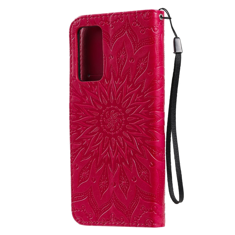 Para Huawei Honor X10 Impresión prensada Patrón de girasol Flip horizontal Funda de cuero PU Soporte y ranuras para tarjetas y billetera y cordón (rojo)