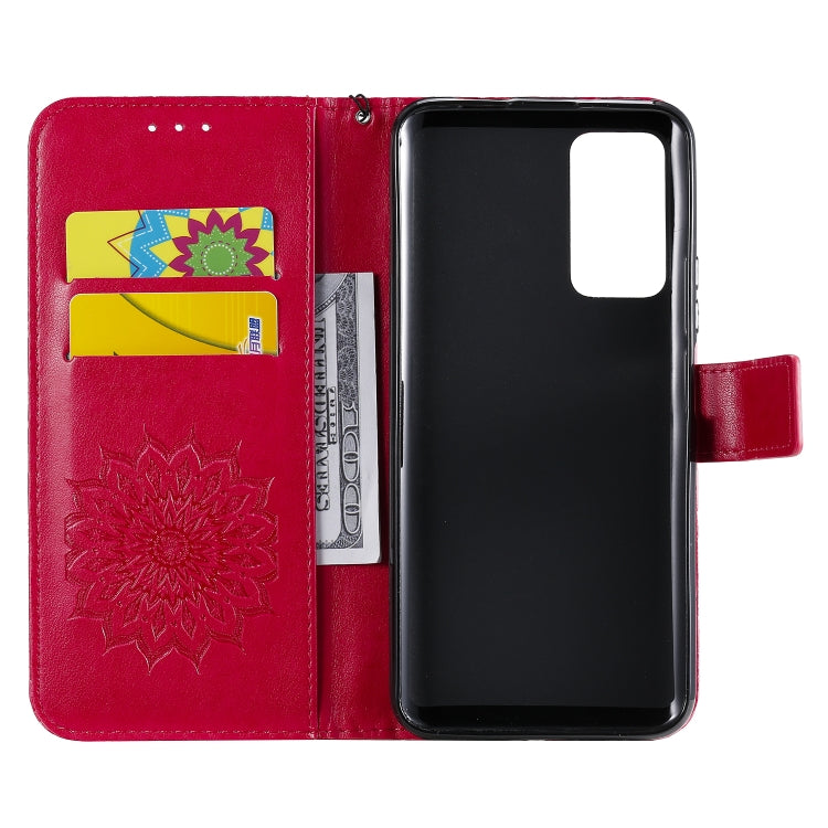 Para Huawei Honor X10 Impresión prensada Patrón de girasol Flip horizontal Funda de cuero PU Soporte y ranuras para tarjetas y billetera y cordón (rojo)