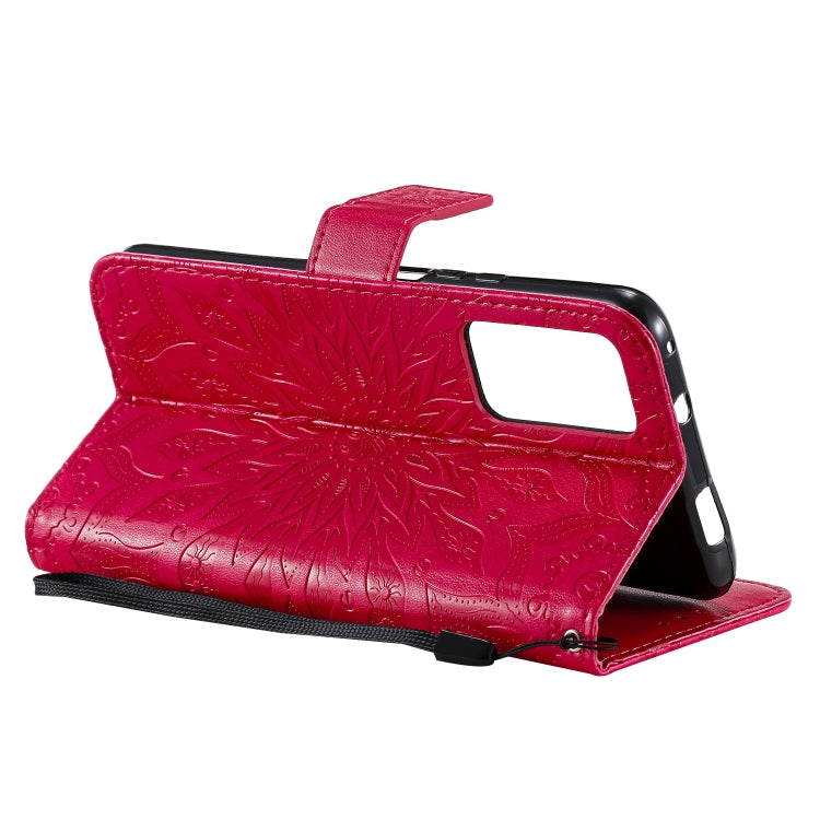 Para Huawei Honor X10 Impresión prensada Patrón de girasol Flip horizontal Funda de cuero PU Soporte y ranuras para tarjetas y billetera y cordón (rojo)