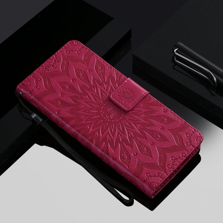 Para Huawei Honor X10 Impresión prensada Patrón de girasol Flip horizontal Funda de cuero PU Soporte y ranuras para tarjetas y billetera y cordón (rojo)