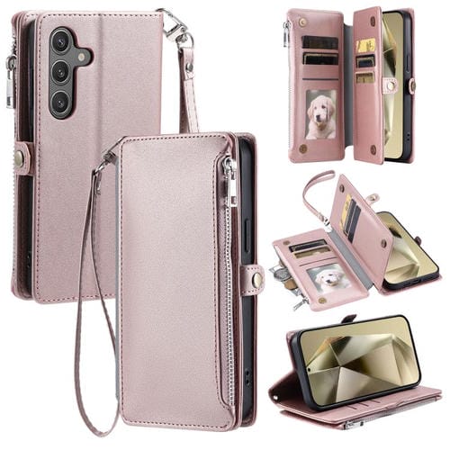 Funda de cuero con cremallera y ranura para múltiples tarjetas para Samsung Galaxy A17 5G (oro rosa)