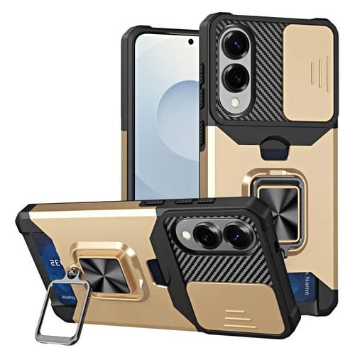 Funda de PC y TPU con ranura para tarjeta y protector de cámara para Samsung Galaxy S25 Edge 5G (dorada)