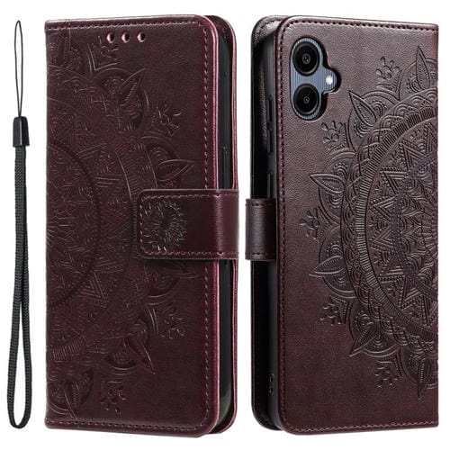 Funda de cuero con relieve de flor tótem y cordón para Samsung Galaxy A07 4G (marrón)
