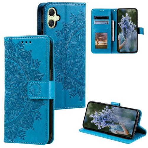 Funda de piel con relieve de flor tótem y cordón para Samsung Galaxy A07 4G (azul)