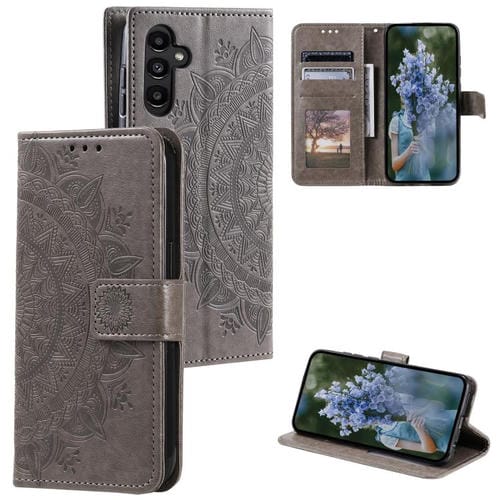 Funda de piel con relieve de flor tótem y cordón para Samsung Galaxy A17 5G (gris)