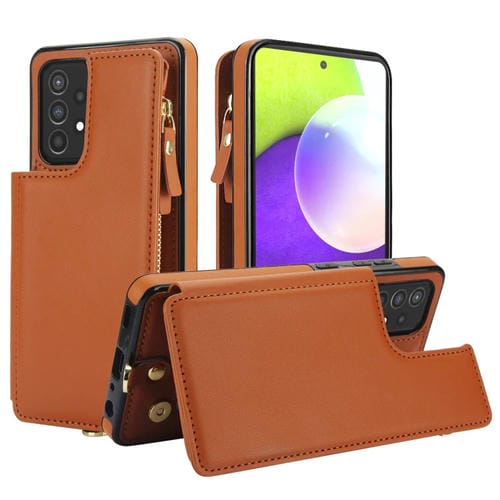 Funda Cuero Rfid Samsung Galaxy A52 5G Cremallera Doble Solapa Cordón Corto (Marrón)
