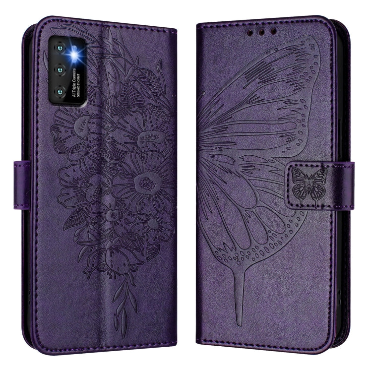 Funda de Cuero Cubot P50 Diseño Mariposa En Relieve (Morado Oscuro)