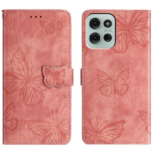 Funda de Piel con Relieve de Mariposa para Motorola Moto G75 (Rosa)