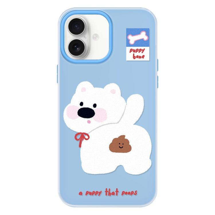 Funda híbrida TPU y Policarbonato iPhone 16 Cachorro Haciendo Caca (Azul)