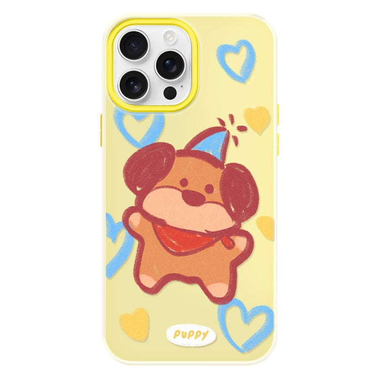 Funda híbrida TPU y Policarbonato iPhone 16 Pro Dibujo Cachorro Crayones (Amarillo)