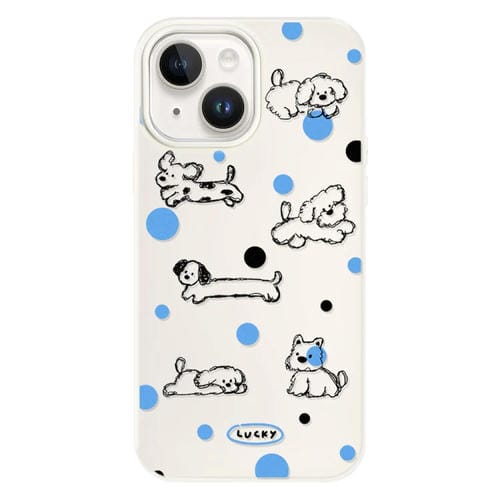 Funda híbrida TPU Policarbonato iPhone 15 Plus con Tacto Sedoso (Perrito con Lunares) (Blanco)