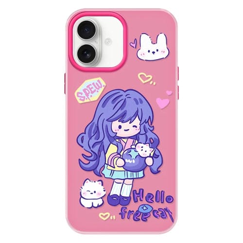 Funda híbrida TPU y PC iPhone 16 Tacto Sedoso (Chica de Pelo Morado, Rosa y Rojo)