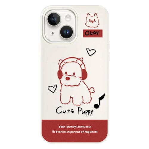 Funda híbrida TPU y PC iPhone 14 Plus protección diseño auriculares perro (Blanco)