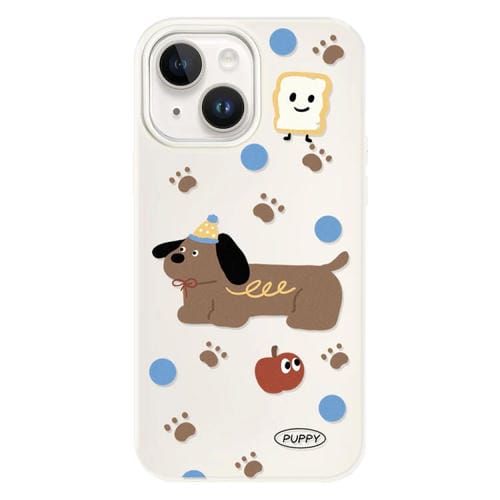 Funda híbrida TPU y PC para iPhone 13 con Tacto de Piel (Cachorro Marrón y Blanco)