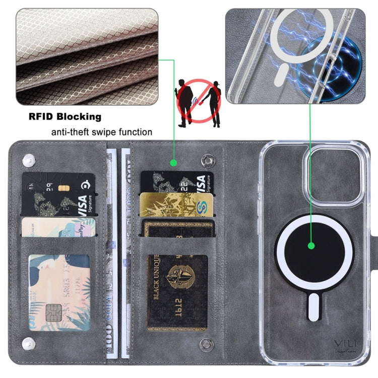 Funda de Cuero Vili Gvs-C Series para iPhone 14 con Tapa Magnética Rfid Magsafe (Gris)