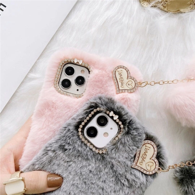 Funda de Silicona con Colgante y Diseño de Flores de Diamantes Dorados para iPhone 13 Mini (Rosa y Blanco)