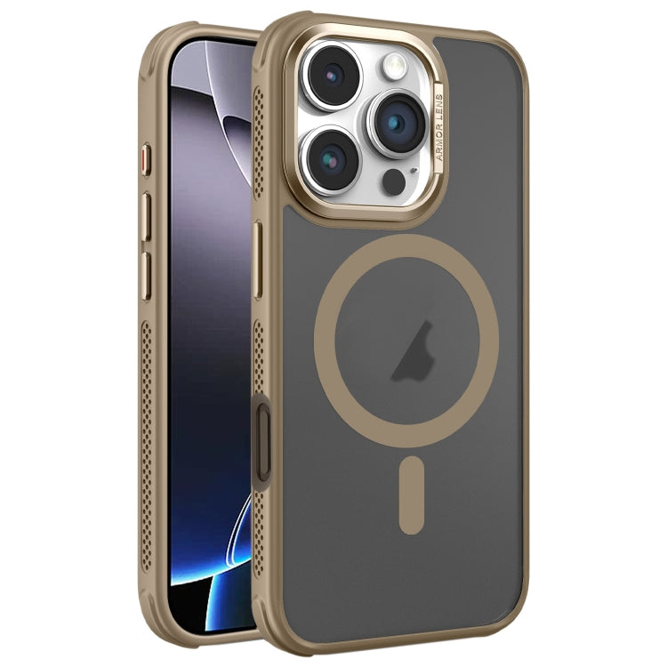 Estuche para Teléfono Magsafe iPhone 16 Pro Max Marco de Lente Metal Esmerilado Sensación de Piel Enfriamiento Lateral (Dorado)