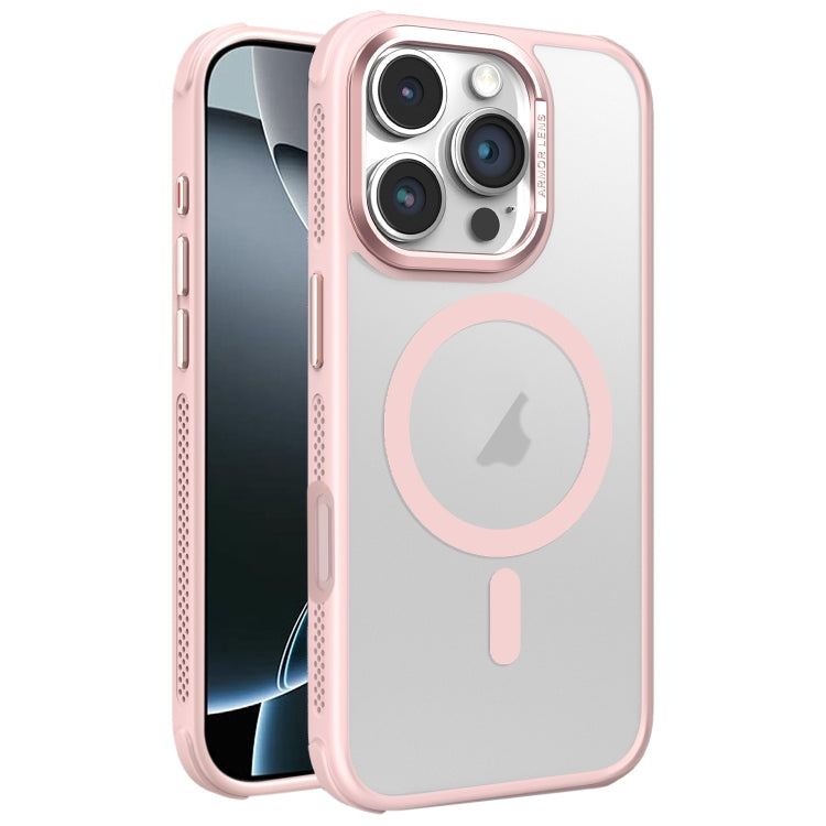 Estuche para Teléfono Magsafe iPhone 16 Pro Marco de Lente Metal Esmerilado Sensación Piel Enfriamiento (Rosa)