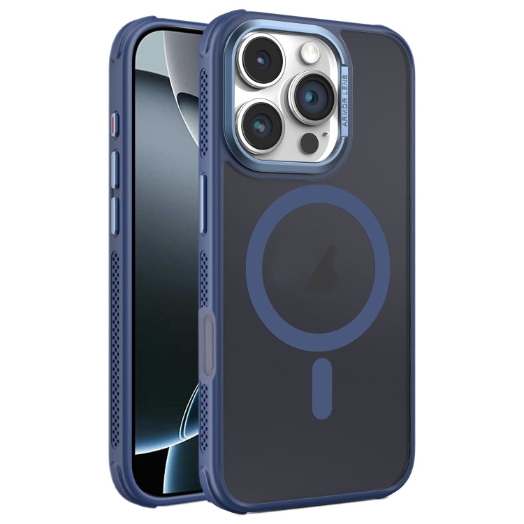 Estuche para Teléfono Magsafe Marco Lente Metal Esmerilado Sensación Piel Enfriamiento Lateral iPhone 16 Pro (Azul)
