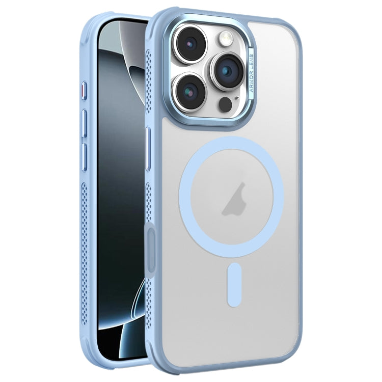 Estuche para Teléfono Magsafe iPhone 16 Pro Marco Metal Esmerilado Piel Enfriamiento (Azul Cielo)