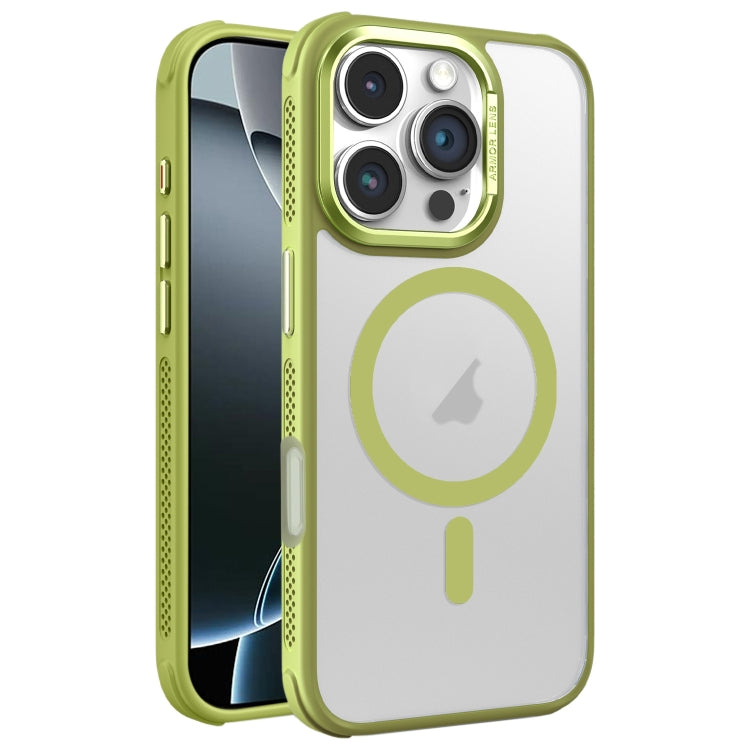 Estuche para Teléfono Magsafe iPhone 16 Pro Marco Lente Metal Esmerilado Sensación Piel Enfriamiento Lateral (Verde)