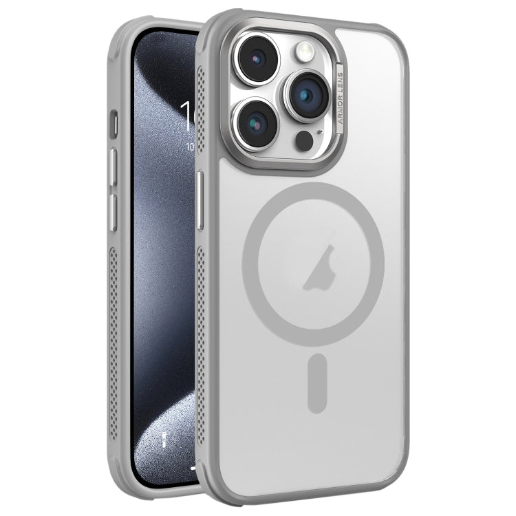 Estuche para teléfono Magsafe iPhone 15 Pro Max Marco de Lente metal esmerilado y piel con enfriamiento lateral (Gris)