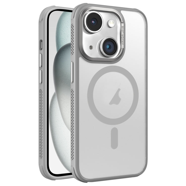 Estuche para Teléfono Magsafe Marco de Lente Metal Esmerilado Sensación Piel Enfriamiento Lateral iPhone 15 Plus (Gris)