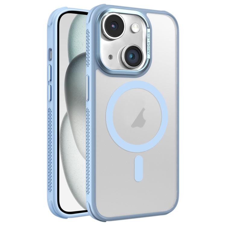 Estuche para Teléfono Magsafe con Marco de Lente de Metal Esmerilado y Sensación de Piel con Enfriamiento Lateral de Hardware para iPhone 15 Plus (Azul Cielo)