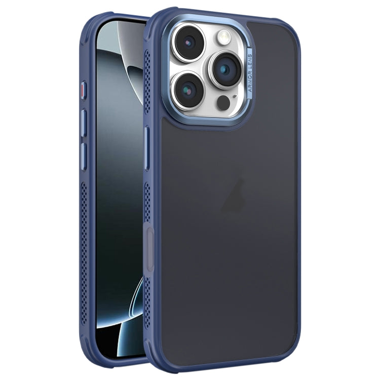 Estuche para teléfono iPhone 16 Pro marco Lente metal esmerilado sensación piel enfriamiento lateral (Azul)