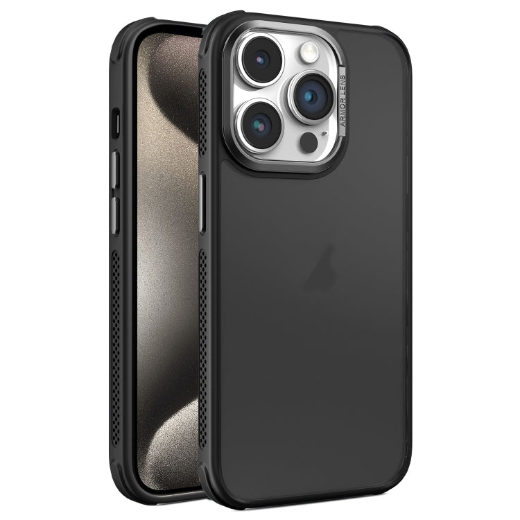 Estuche para Teléfono iPhone 15 Pro Max Marco de Lente Metal Esmerilado Sensación Piel Enfriamiento Lateral (Negro)