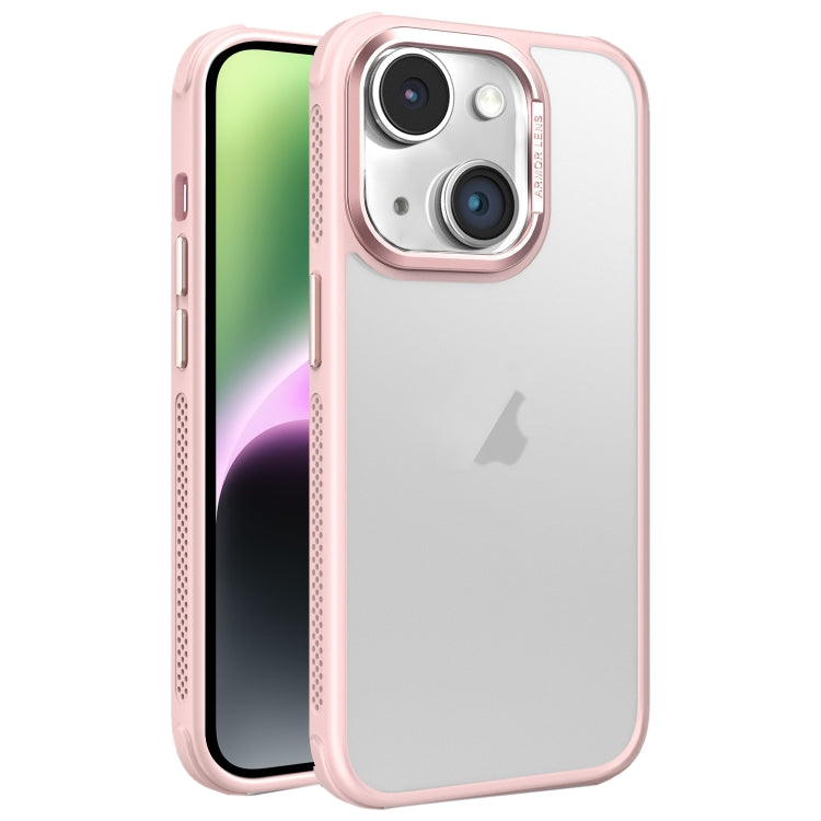 Estuche para Teléfono iPhone 14 Marco Lente Metal Esmerilado Piel Enfriamiento (Rosa)