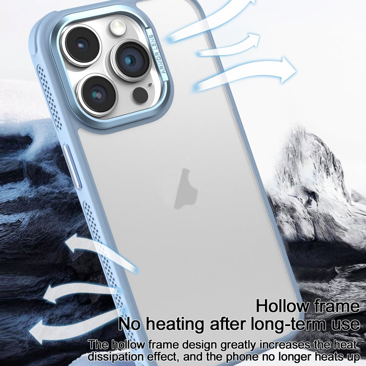 Estuche para Teléfono iPhone 16 Plus Marco de Lente Metal Esmerilado Sensación Piel Enfriamiento Lateral (Azul Cielo)