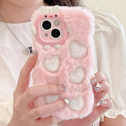 Funda TPU Bordada con Felpa para iPhone 15 (Corazón de Amor Blanco)