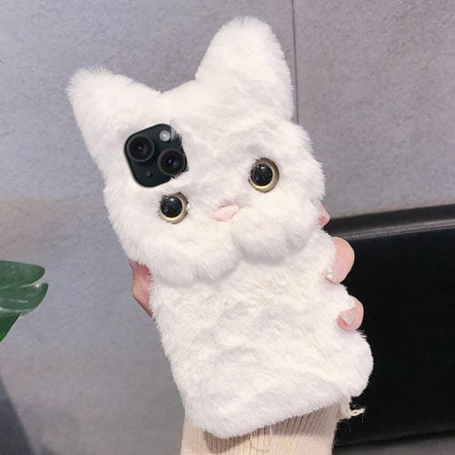 Funda para Teléfono Apple iPhone 15 Cobertura Total Gato Peluche 3D (Blanca)
