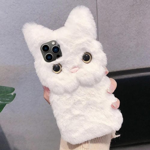 Funda para Teléfono iPhone 14 Pro Diseño Gato Peluche 3D Cobertura Total (Blanca)