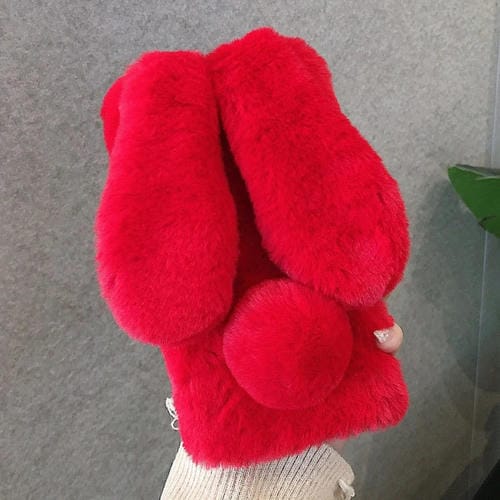 Funda para Teléfono iPhone 16 Pro Max Cobertura Total 3D Conejo Orejas Largas Peluche (Rojo)