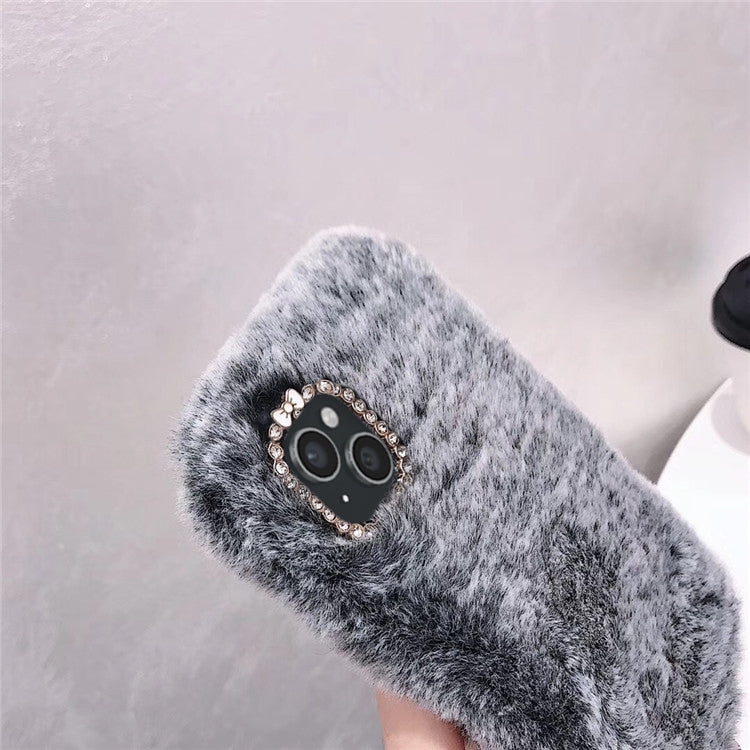 Funda de Teléfono Felpa Color Sólido con Anillo Lente Diamante para iPhone 15 Pro Max (Rosa)