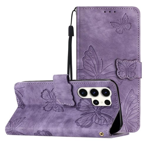 Funda de Piel Samsung Galaxy S25 Ultra 5G con Relieve de Mariposa (Morado)