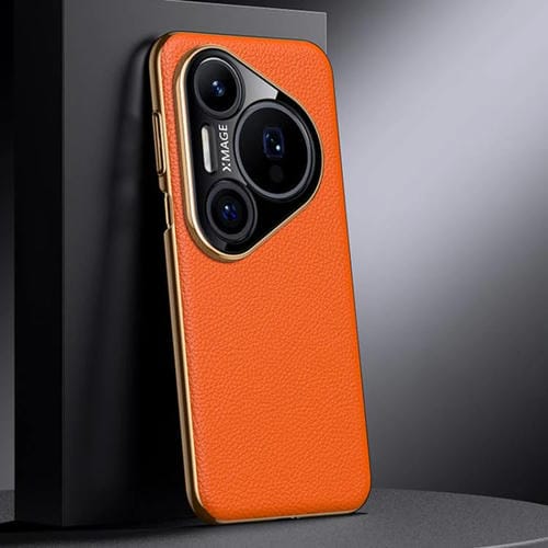 Funda de PC de cuero genuino para Huawei Pura 80 Ultra 5G (naranja)