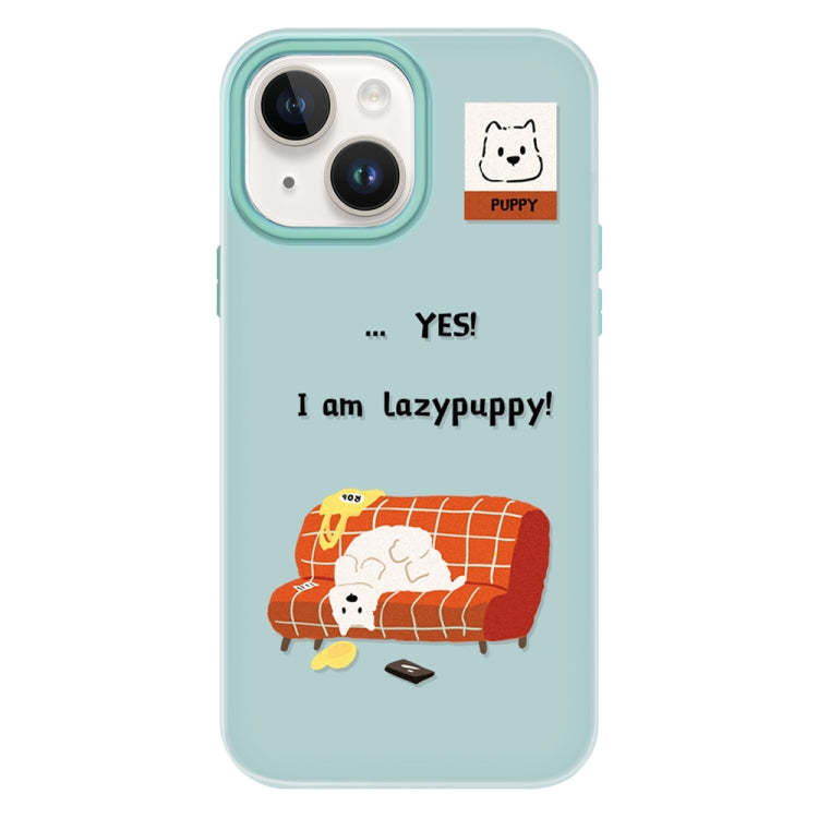 Funda híbrida TPU y PC iPhone 14 Perrito Perezoso con Tacto Sedoso (Verde Claro)