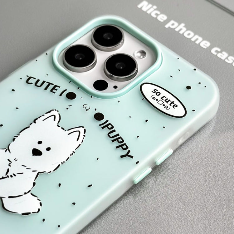 Funda híbrida TPU y PC iPhone 14 Perrito Perezoso con Tacto Sedoso (Verde Claro)