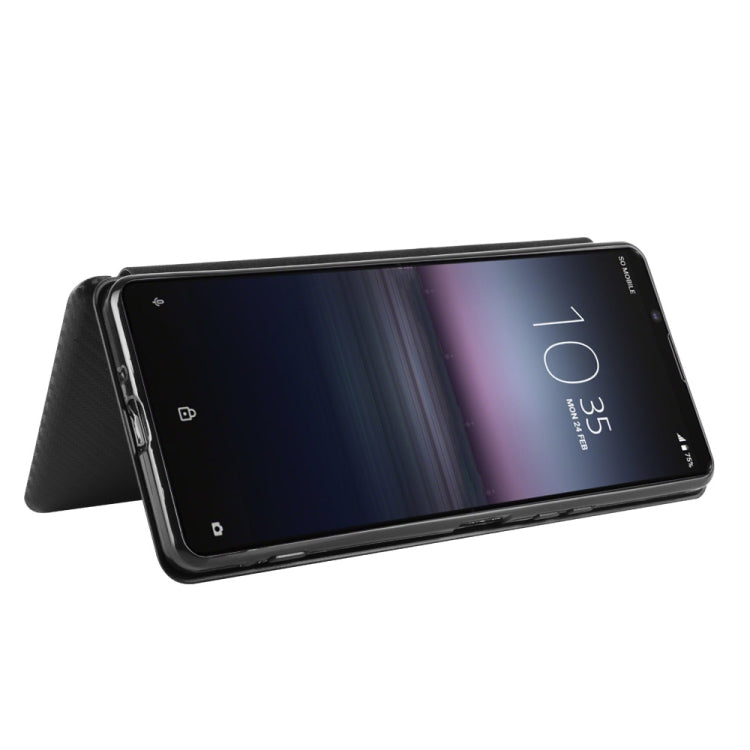 Para Sony Xperia 1 II Funda de cuero con textura de fibra de carbono magnética con tapa horizontal TPU + PC + PU con ranura para tarjeta (negro)