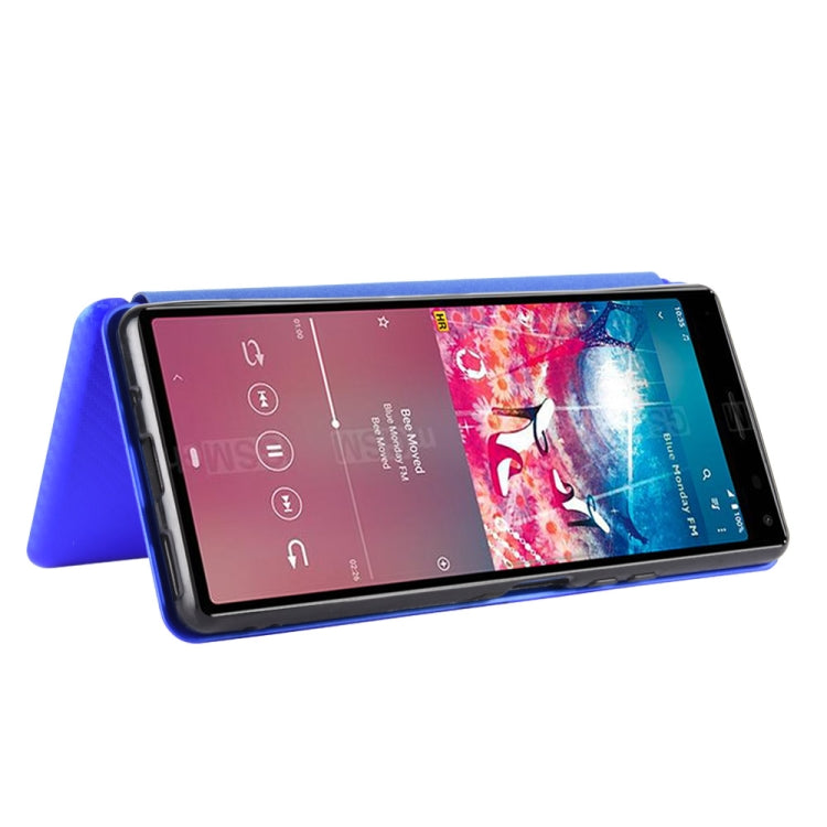 Para Sony Xperia 8 Funda de cuero con tapa magnética horizontal con textura de fibra de carbono TPU + PC + PU con ranura para tarjeta (azul)