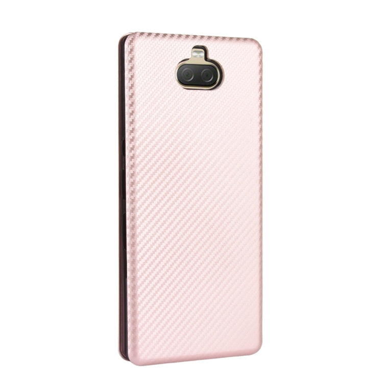 Para Sony Xperia 10 Funda de cuero con tapa magnética horizontal con textura de fibra de carbono TPU + PC + PU con ranura para tarjeta (rosa)